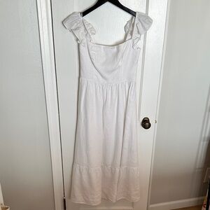 Reformation White Ruffle Sleeve linen Dress - White, 4